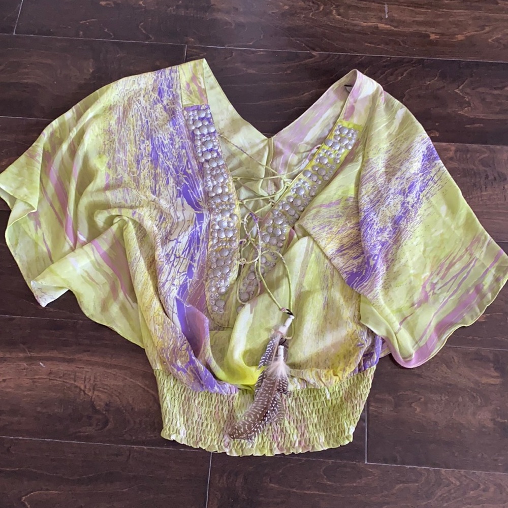Ark & Co Lime Green and Purple Sheer Blouse